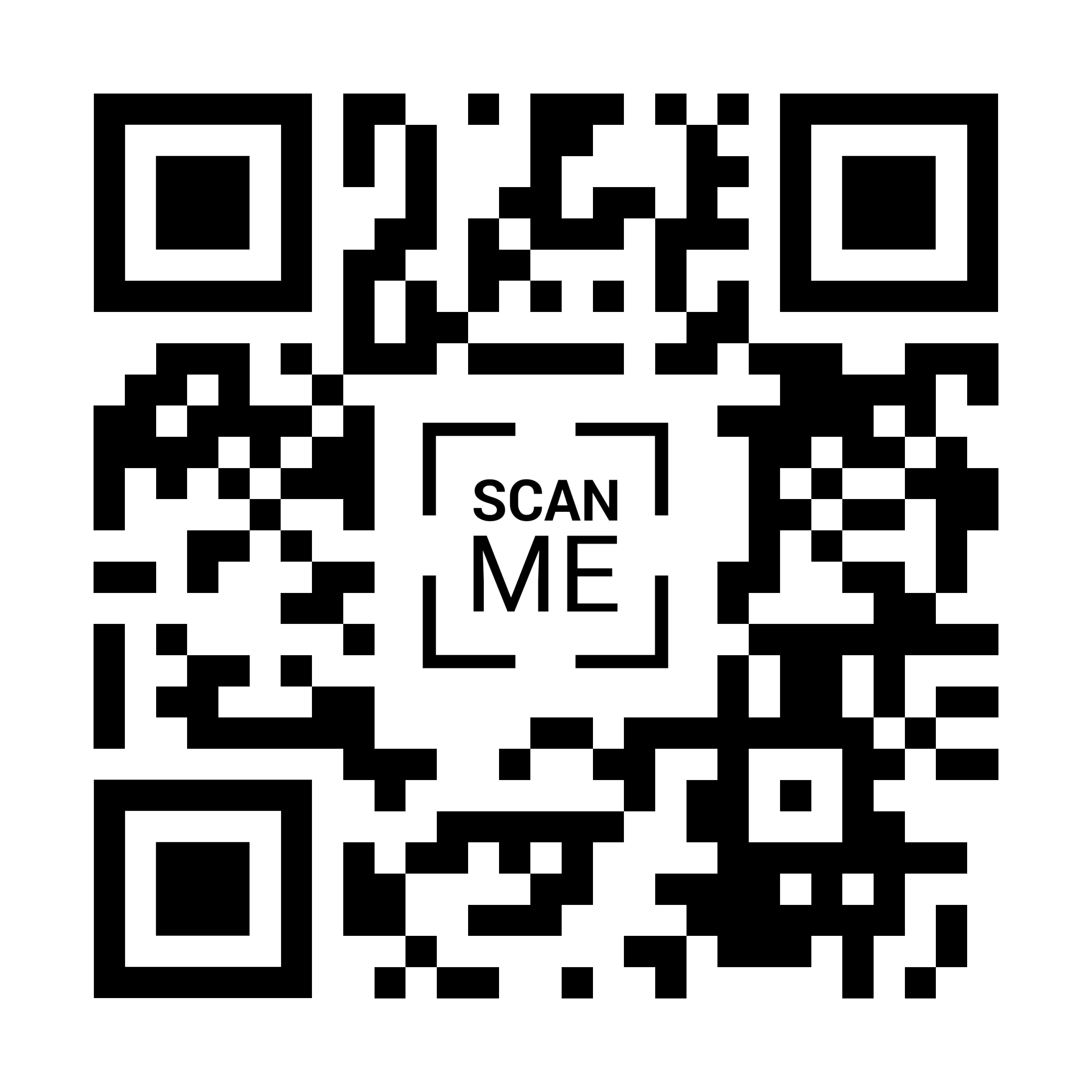 Standard black and white QR Code with a ‘scan me’ icon in the center.